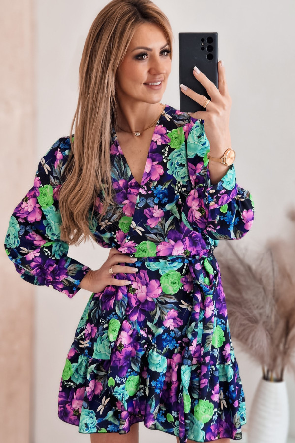 Sukienka Granatowa w Fioletowe i Zielone Kwiaty - Kim 1