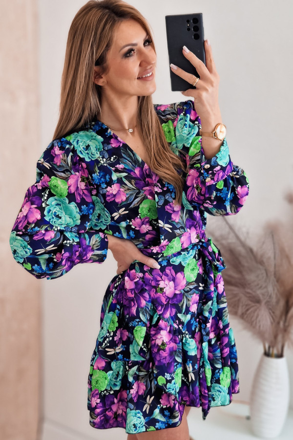 Sukienka Granatowa w Fioletowe i Zielone Kwiaty - Kim 4