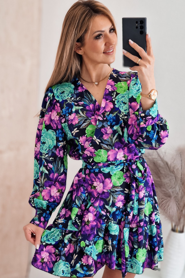 Sukienka Granatowa w Fioletowe i Zielone Kwiaty - Kim 5