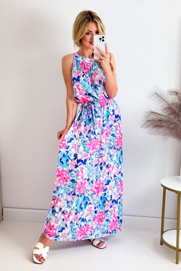 Sukienka Biała w Błękitne i Różowe Kwiaty Maxi Tamara