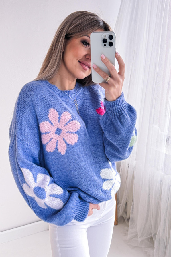 Sweter w Kwiaty Fiori - Niebiesko Liliowy