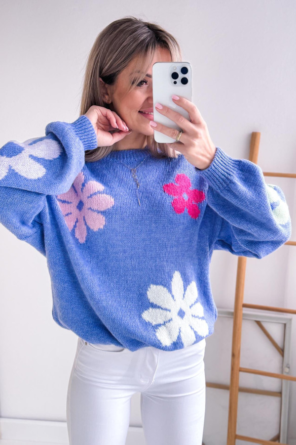 Sweter w Kwiaty Fiori - Niebiesko Liliowy 4