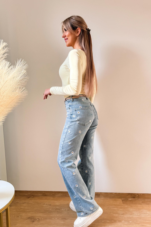 Spodnie Jeansy Wide Leg w Stokrotki - Niebieskie 2