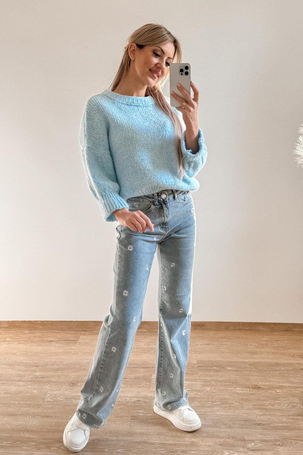 Spodnie Jeansy Wide Leg w Stokrotki - Niebieskie 8