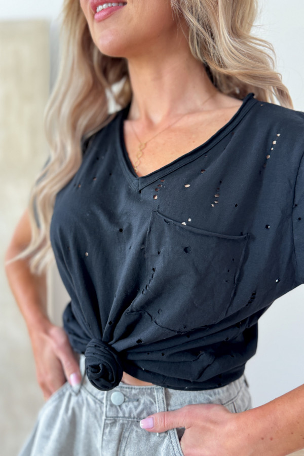 T-Shirt Bawełniany z Dziurkami Hole - Czarny 1
