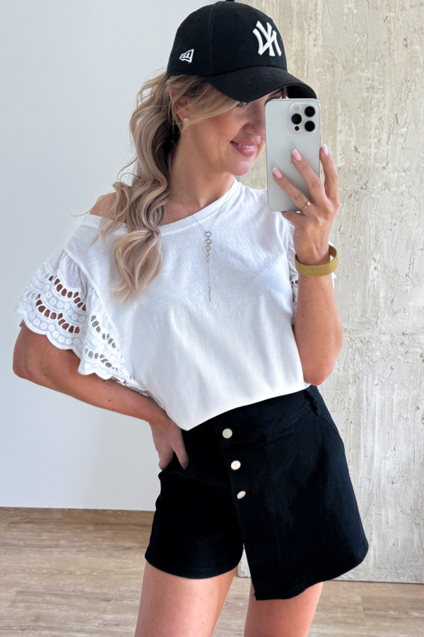 T-Shirt Bawełniany z Ozdobnym Rękawem Zozo - Biały 5