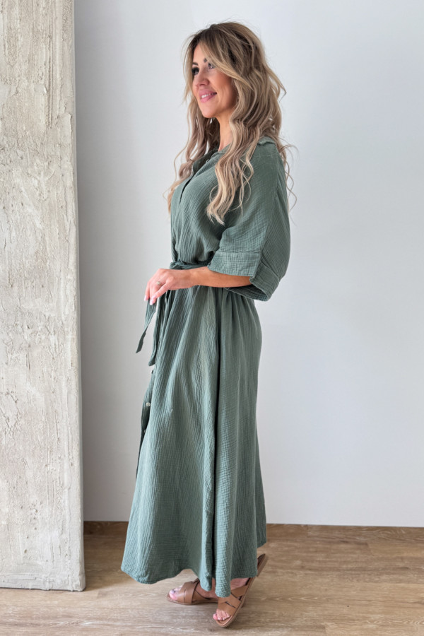 Sukienka Muślinowa Midi z Kołnierzykiem Sefora - Khaki 2