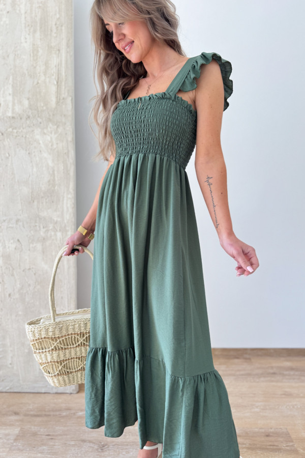 Sukienka na Ramiączkach Motylek Gumonici Midi Madera - Khaki