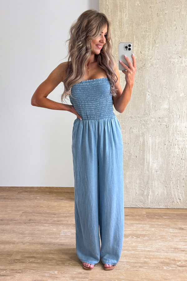 Kombinezon Maxi Tuba Miękki Jeans - Niebieski