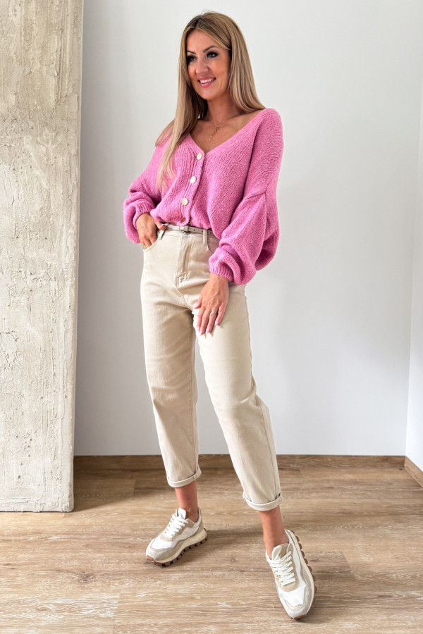 Sweter Rozpinany Button - Różowy Cukierek