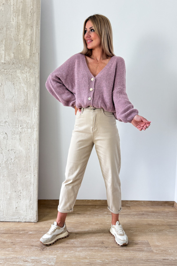 Sweter Rozpinany Button - Przygaszony Róż / Liliowy 4