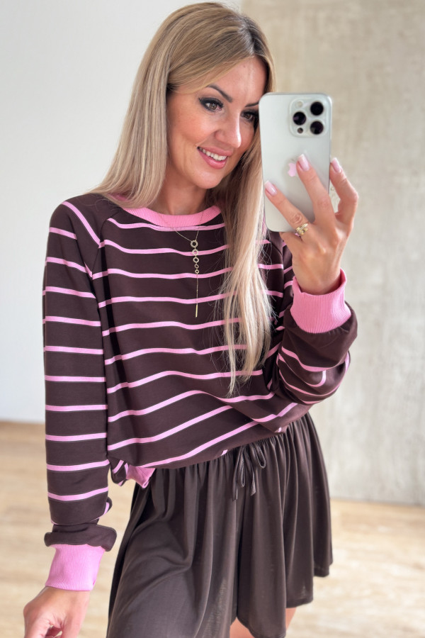 Bluza w Drobne Paski Strips - Czekolada z różem