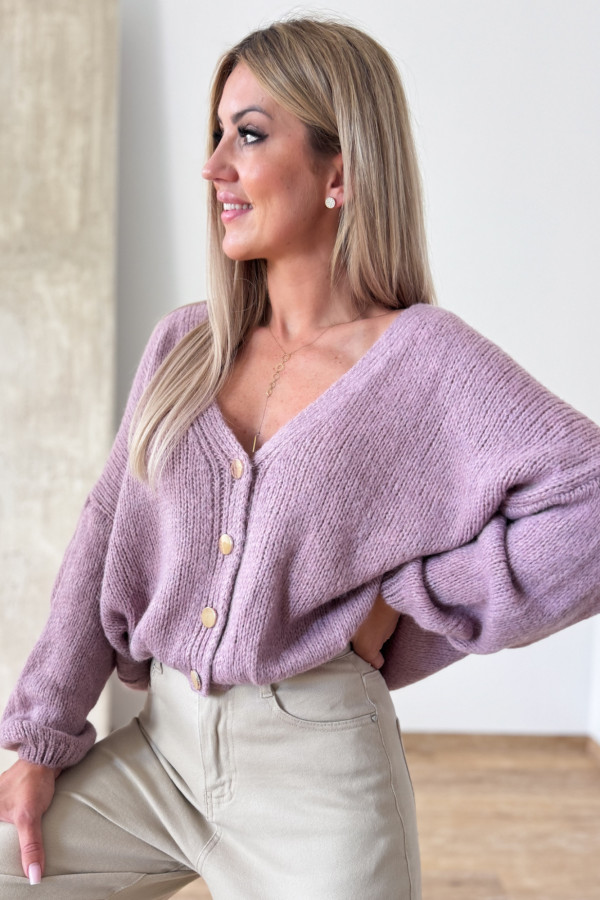 Sweter Rozpinany Button - Przygaszony Róż / Liliowy 8