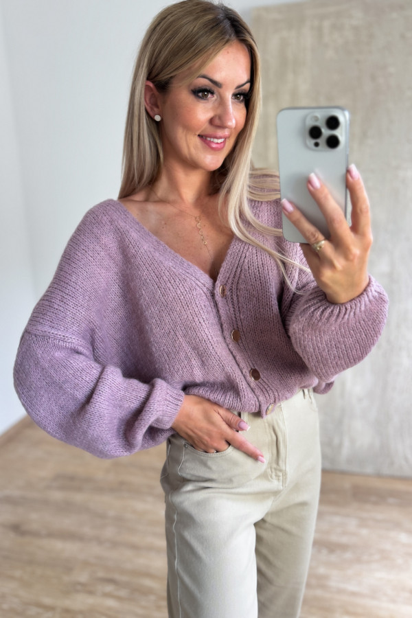 Sweter Rozpinany Button - Przygaszony Róż / Liliowy 9