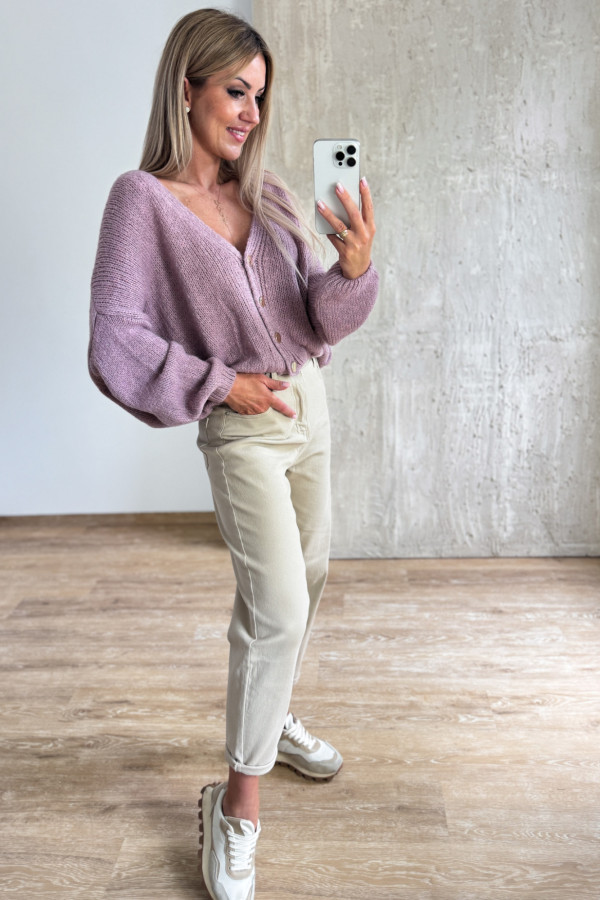 Sweter Rozpinany Button - Przygaszony Róż / Liliowy 10