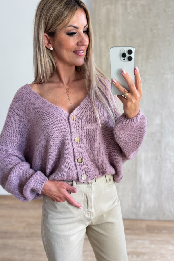 Sweter Rozpinany Button - Przygaszony Róż / Liliowy