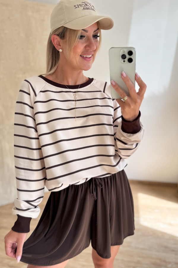 Bluza w Drobne Paski Strips - Beż z Czekoladą 1