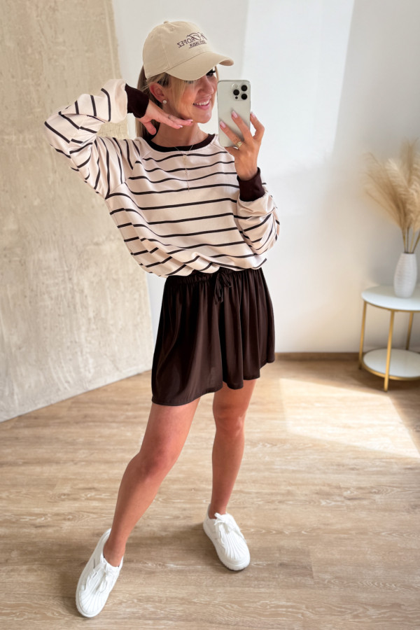 Bluza w Drobne Paski Strips - Beż z Czekoladą