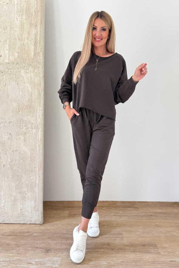 Komplet Bawełniany Bluza Spodnie Basic Comfy - Czekoladowy