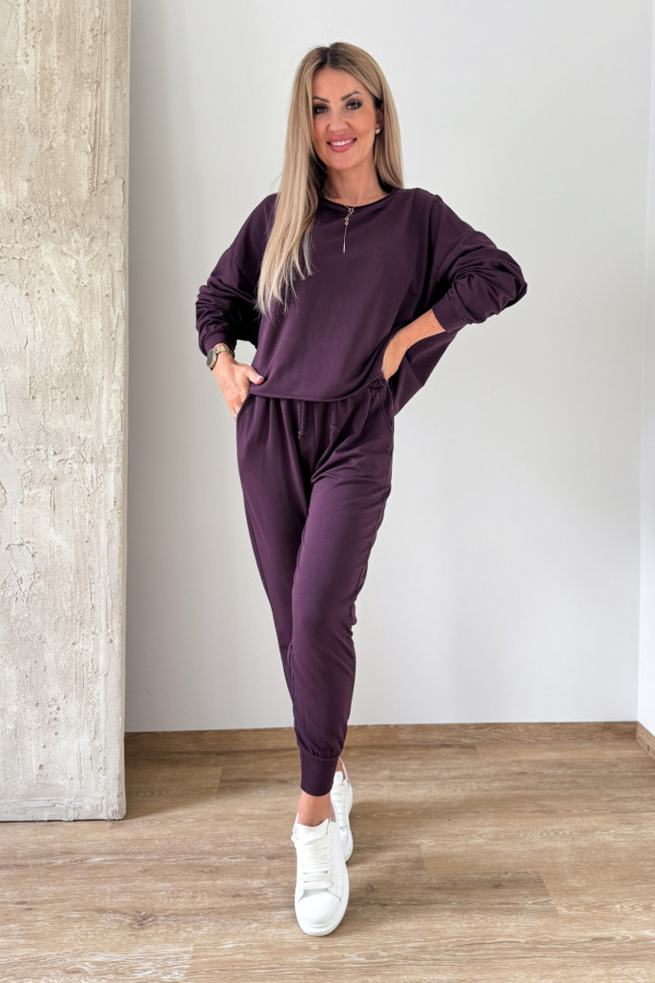 Komplet Bawełniany Bluza Spodnie Basic Comfy - Śliwka
