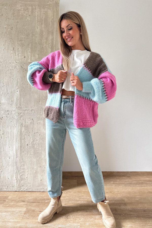 Kardigan Sweter Narzutka Patchwork - Niebieski Róż Czekolada 1