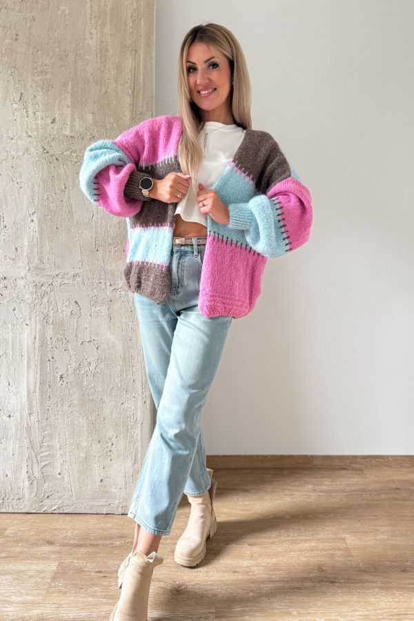 Kardigan Sweter Narzutka Patchwork - Niebieski Róż Czekolada 2