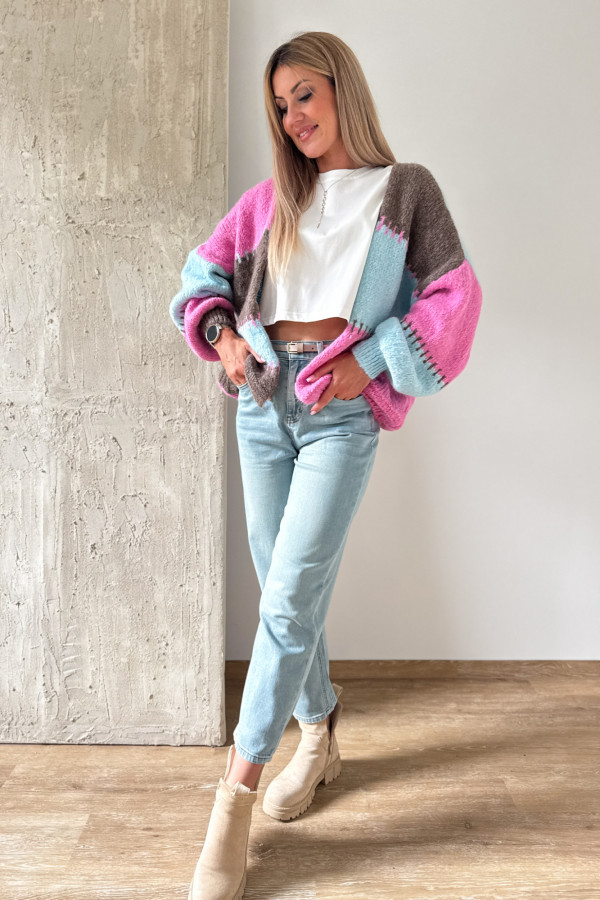 Kardigan Sweter Narzutka Patchwork - Niebieski Róż Czekolada