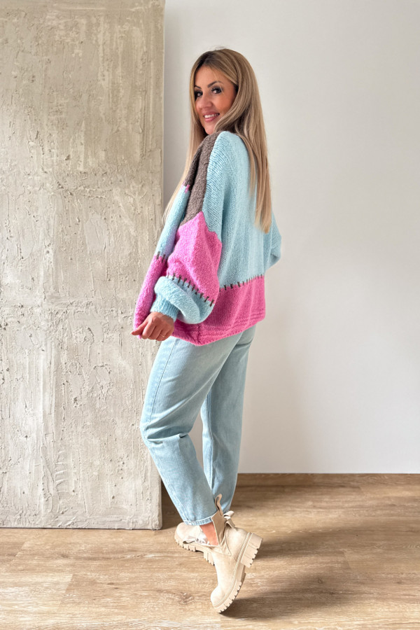 Kardigan Sweter Narzutka Patchwork - Niebieski Róż Czekolada 3