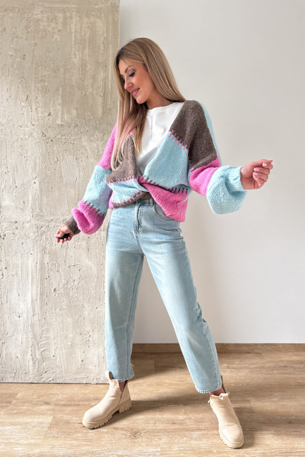 Kardigan Sweter Narzutka Patchwork - Niebieski Róż Czekolada 5