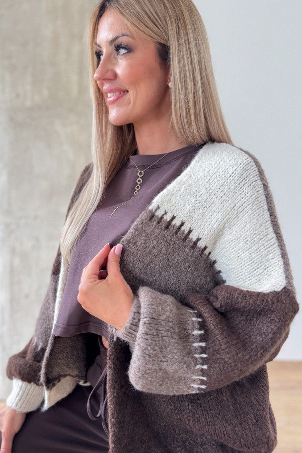 Kardigan Sweter Narzutka Patchwork - Czekolada Mocca Śmietanka 6