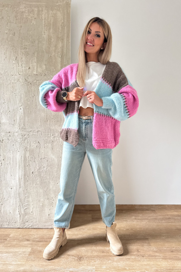 Kardigan Sweter Narzutka Patchwork - Niebieski Róż Czekolada 6
