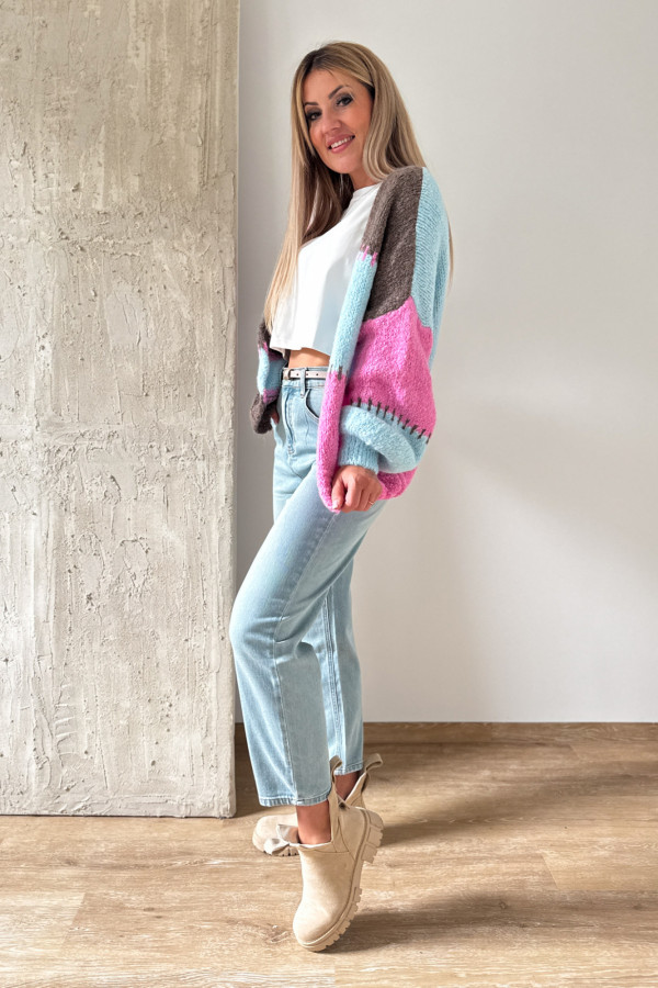 Kardigan Sweter Narzutka Patchwork - Niebieski Róż Czekolada 7