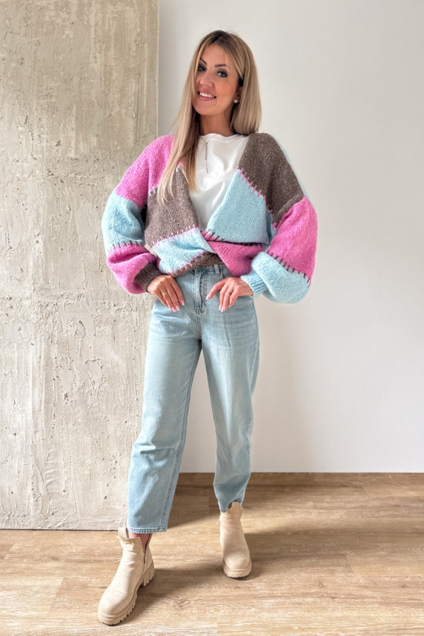 Kardigan Sweter Narzutka Patchwork - Niebieski Róż Czekolada 8