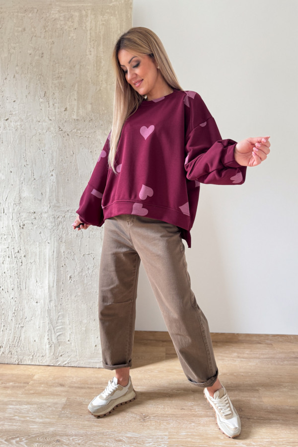 Bluza Oversizowa Serduszko - Bordowa z Różem 1