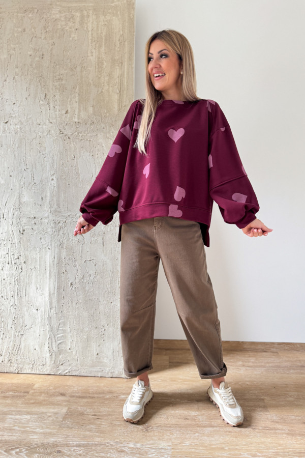 Bluza Oversizowa Serduszko - Bordowa z Różem 2
