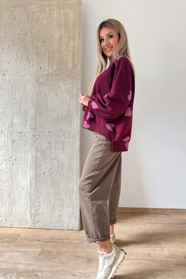 Bluza Oversizowa Serduszko - Bordowa z Różem 3