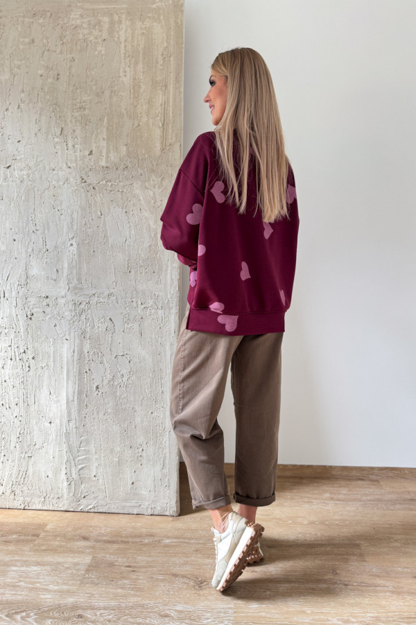 Bluza Oversizowa Serduszko - Bordowa z Różem 4