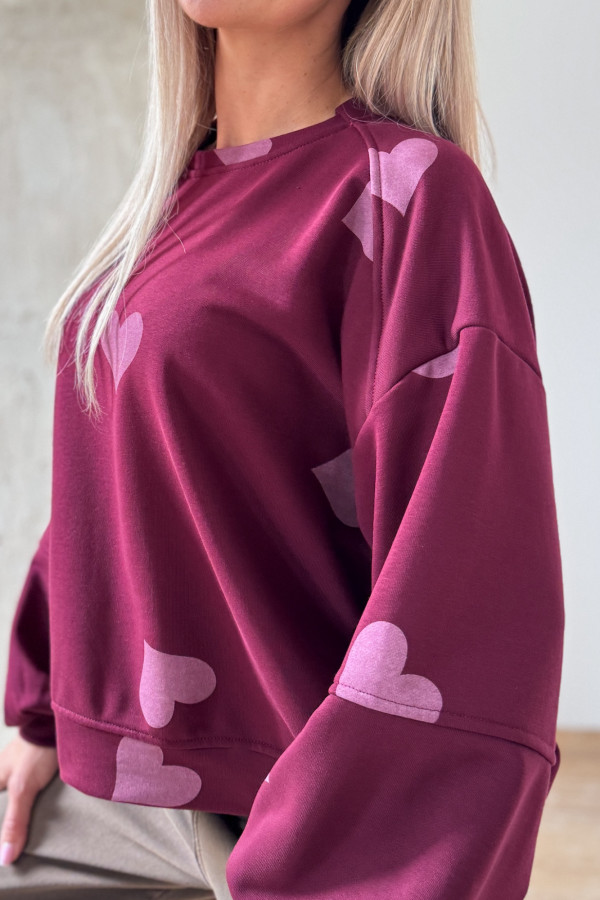 Bluza Oversizowa Serduszko - Bordowa z Różem 5