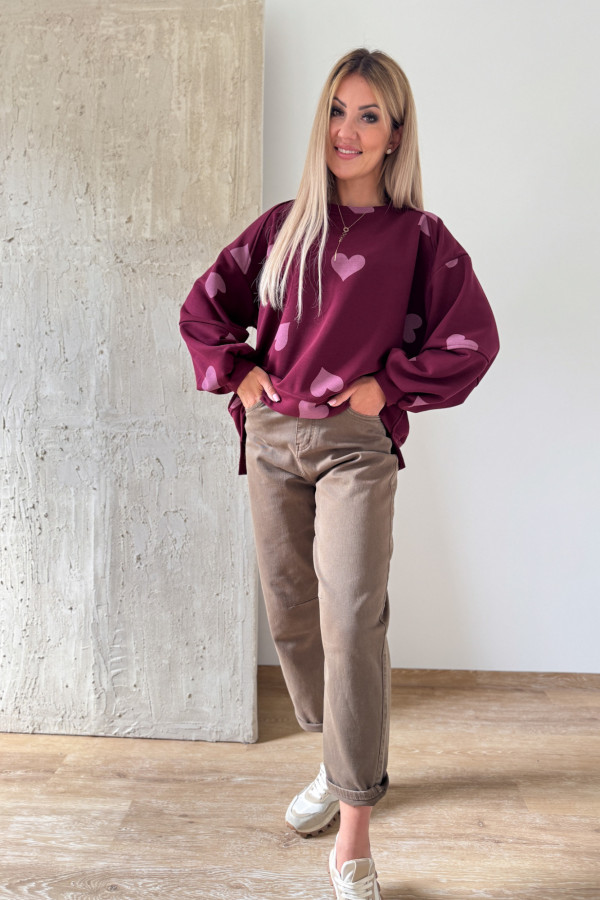 Bluza Oversizowa Serduszko - Bordowa z Różem 6