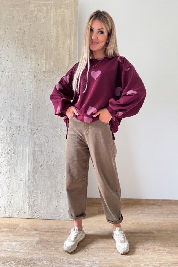 Bluza Oversizowa Serduszko - Bordowa z Różem 7