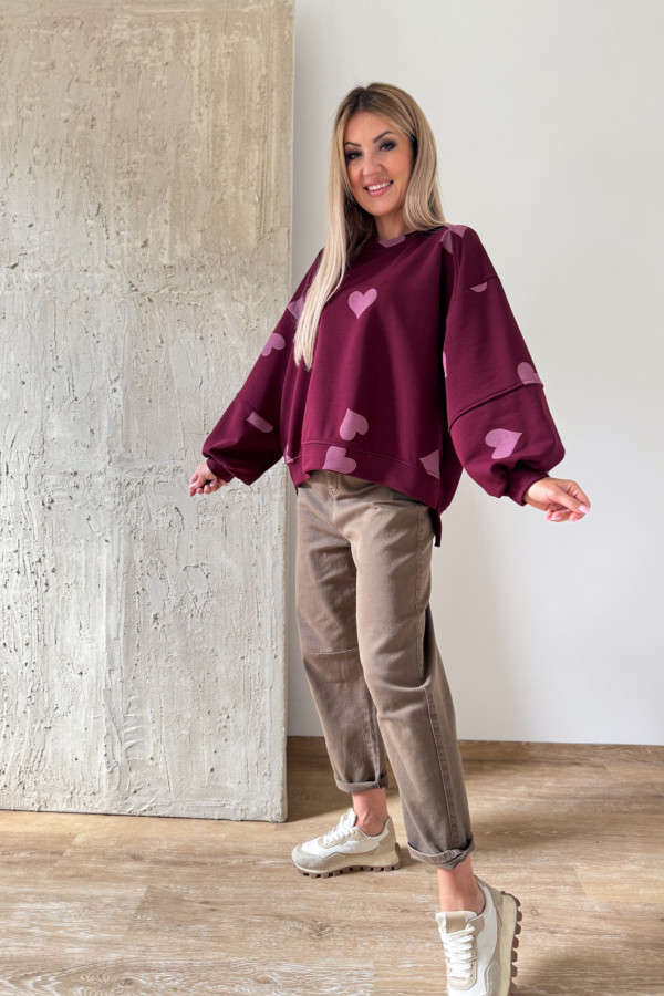 Bluza Oversizowa Serduszko - Bordowa z Różem
