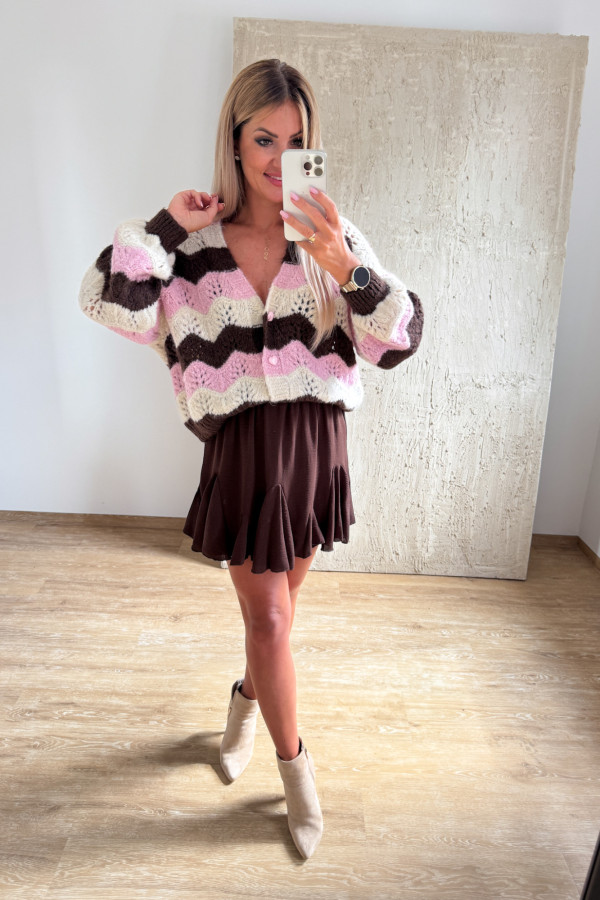 Sweter Rozpinany w Pasy Guziki Serca Fado - Puder Ecru Czekolada 2