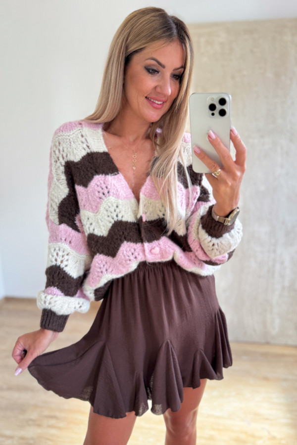 Sweter Rozpinany w Pasy Guziki Serca Fado - Puder Ecru Czekolada 5