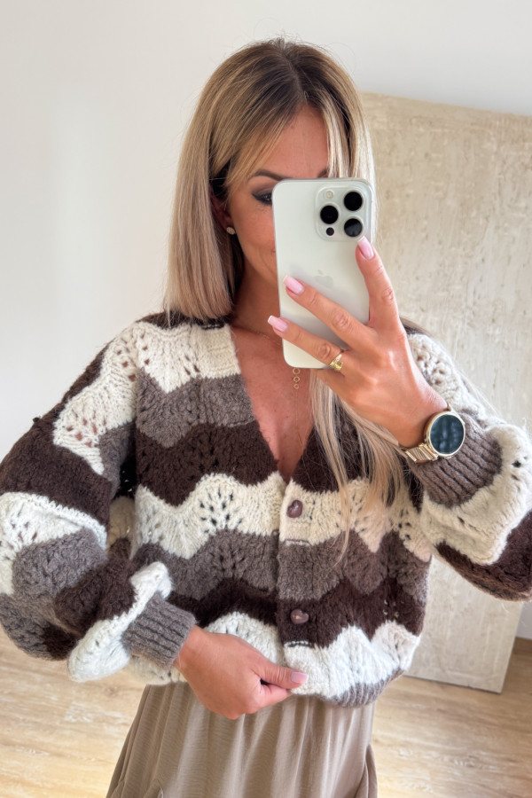 Sweter Rozpinany w Pasy Guziki Serca Fado - Fango Ecru Czekolada 2