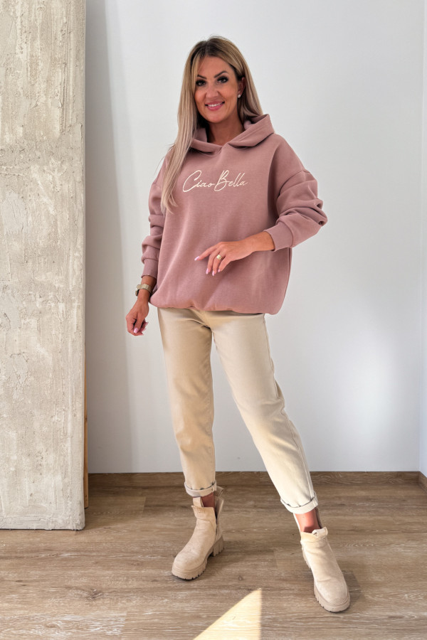 Bluza Oversizowa z Kapturem Ciao Bella - Beżowa