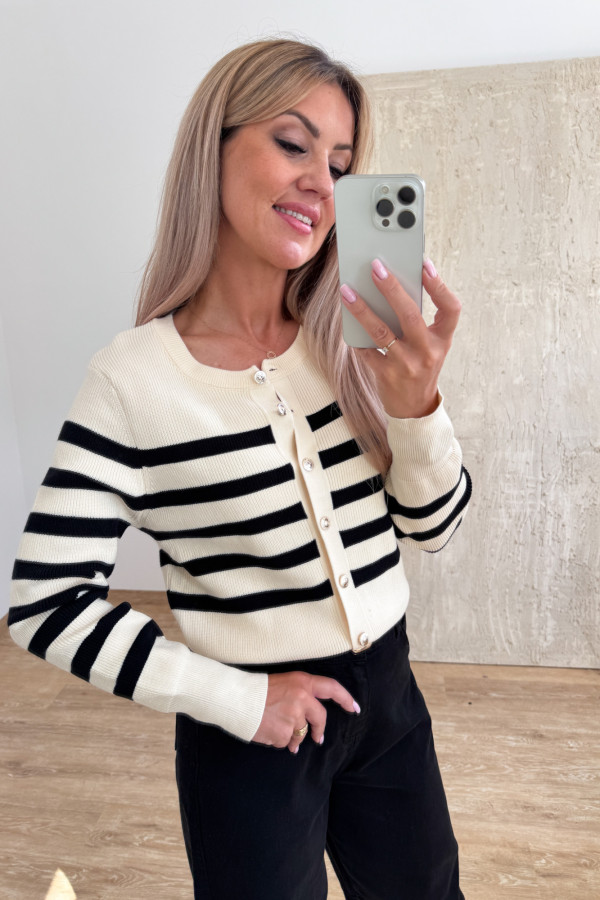 Sweter w Paski Rozpinany Solero - Beżowy 1