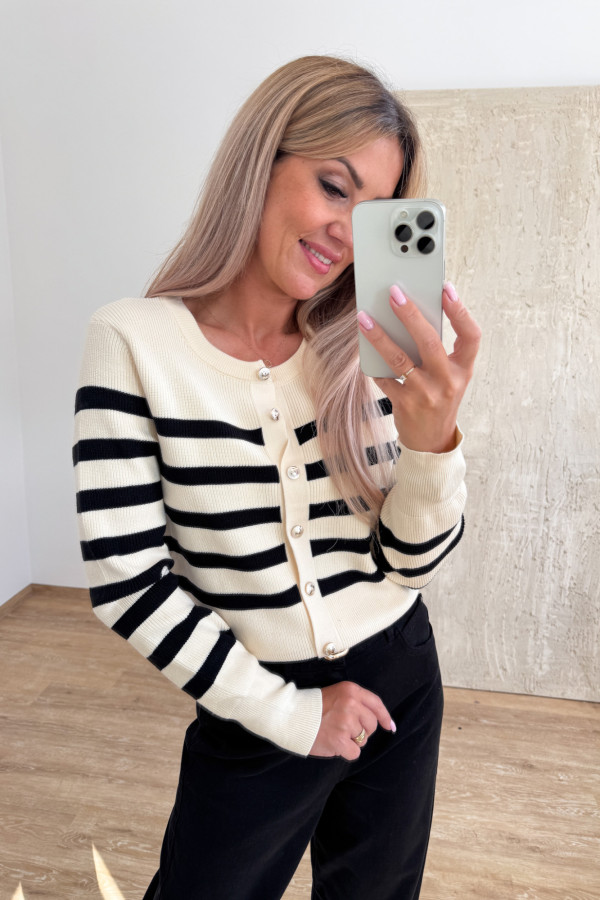 Sweter w Paski Rozpinany Solero - Beżowy 2