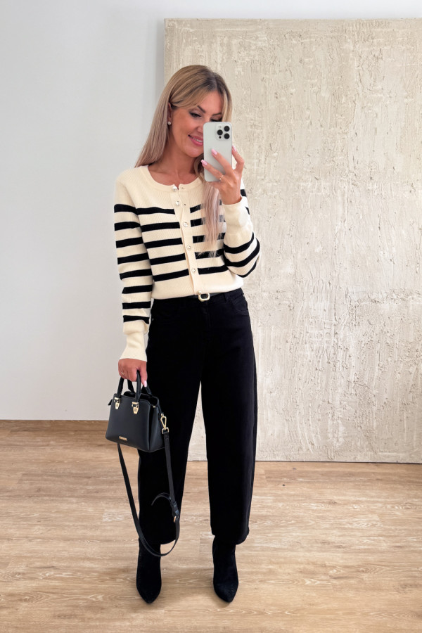 Sweter w Paski Rozpinany Solero - Beżowy 5