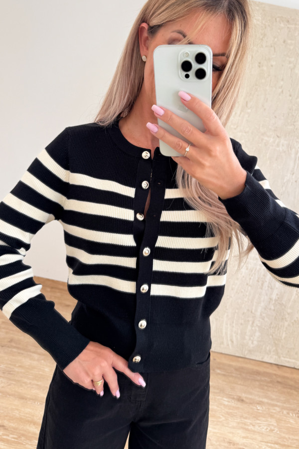 Sweter w Paski Rozpinany Solero - Czarny 10