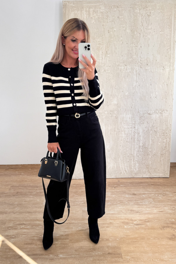 Sweter w Paski Rozpinany Solero - Czarny 11